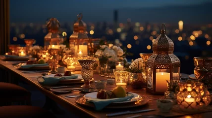 Gartenposter Contemporary ramadan feast on a high-rise rooftop, overlooking a city skyline at dusk with twinkling lights © deafebrisa