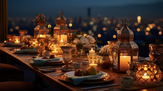 Contemporary ramadan feast on a high-rise rooftop, overlooking a city skyline at dusk with twinkling lights