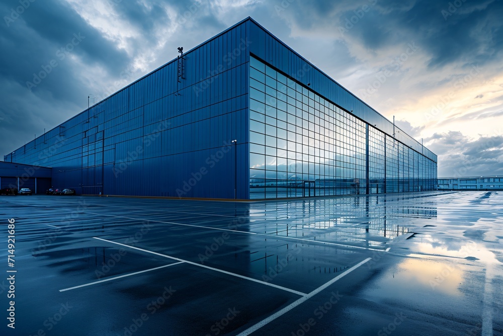 Poster a large blue building with many windows and a parking lot generative ai