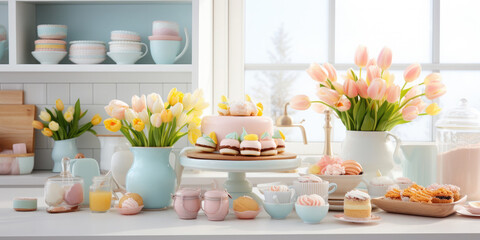 Fototapeta na wymiar Pastries, cakes, muffins, colorful macarons on the table against the backdrop of a light kitchen near the window with vases of tulips.Pastry shop or floral card . Banner
