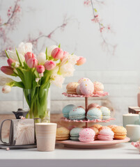 Colorful macarons on the table against the backdrop of a light kitchen with vases of tulips.Pastry shop or floral card .
