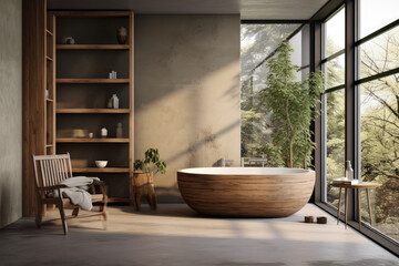 A serene Japandi bathroom featuring wooden tones, a freestanding bathtub, and a large window, blending modern elegance with farmhouse charm.