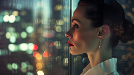 Woman Contemplating City at Night.
Elegant woman looking out at city lights at night.