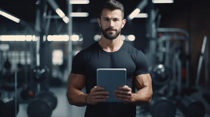 A muscular and handsome bearded trainer stands in the gym, confidently looking at the camera while holding a tablet, symbolizing modern fitness coaching.
