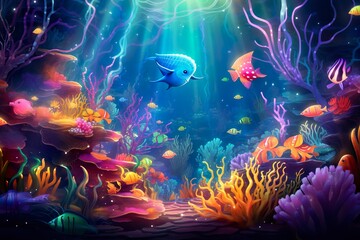 A serene underwater tableau, alive with varied fish amidst coral beauty. - obrazy, fototapety, plakaty