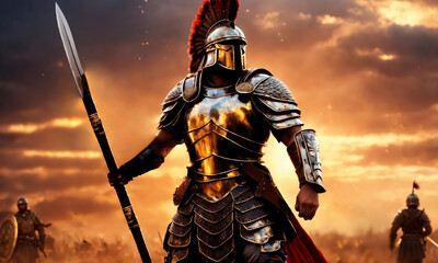 Roman male legionary, legionaries wear helmet with crest, long sword and scutum shield, heavy infantryman, realistic soldier of the army of the Roman Empire, on Rome background. Warrior Gladiator - obrazy, fototapety, plakaty