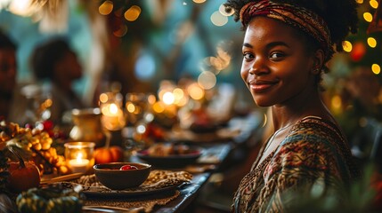 Obraz premium Joyful African American girl chuckling while relishing in Thanksgiving feast with her extended relatives in dining hall.