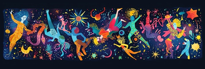 A colorful illustration of a woman and children dancing in the stars Generative AI