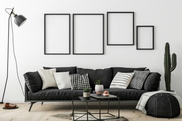 Contemporary Living Room with Cactus Decor.
Sleek and modern living room with black sofa, empty frames, and a tall cactus plant.