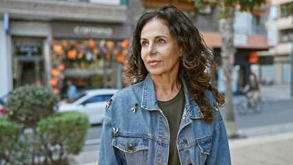 Fototapeta premium Mature hispanic woman with curly hair wearing a denim jacket strolls on a city street