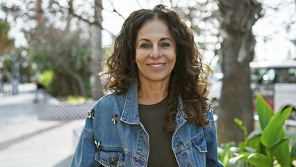 Smiling middle-aged hispanic woman with curly hair outdoors in a city park wearing a denim jacket