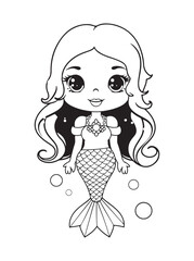 Happy little mermaid girl, vector doodle illustration. Coloring page for kids