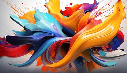 Vibrant 3D illustration of colorful paint splashes in dynamic motion on a white background.