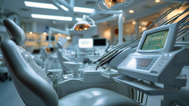 Modern dental office interior: Clean and professional equipment setup for oral health care and treatment
