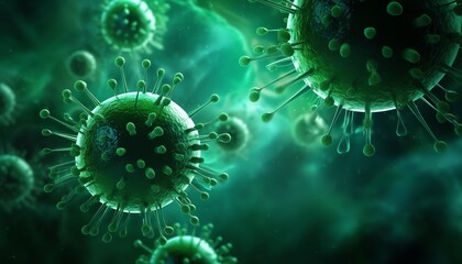 3D illustration of green viruses on a microscopic level, depicting a concept of infection or microbiology.