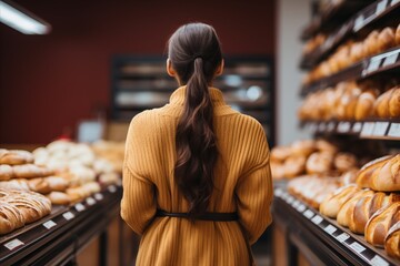 Rear view of young woman choosing bread in bakery. She is standing in front of shelves with bread. - obrazy, fototapety, plakaty