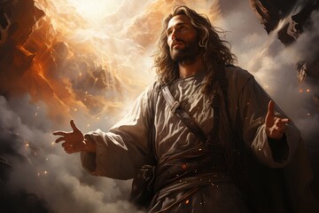 Jesus opening skyes receiving blessings from god - obrazy, fototapety, plakaty