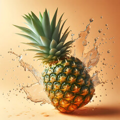 Splash of Refreshment: Isolated Pineapple with Water Splashes on Light Orange Background