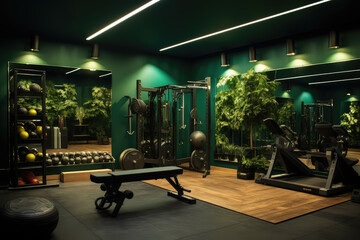 Fototapeta na wymiar A gym room featuring diverse exercise tools, ideal for those into fitness and bodybuilding, highlighted by calming green walls and a modern feel.