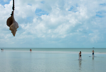 Couple paddleboard alongside sandbar in Holbox Mexico