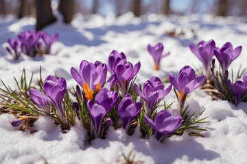 Spring crocus in the snow, illuminated by the sun.