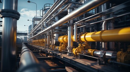 Technological Elegance, Intricate Machinery and Pipelines at a Natural Gas Processing Plant Capturing the Elegance of Industrial Design - obrazy, fototapety, plakaty