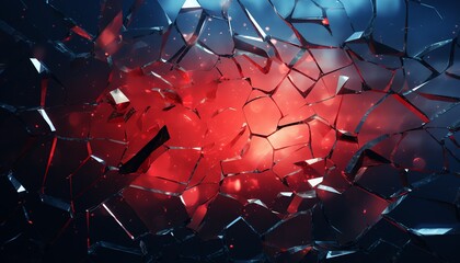 Abstract shattered glass with red and blue lighting, conveying concepts of breakage, disruption, or conflict. - obrazy, fototapety, plakaty