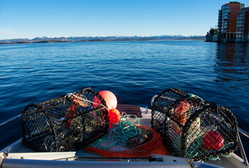 Fishing Gear loaded on Norway Motorboat to fish in the fjords during the winter time. Rogaland Norway