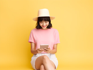 young girl of Asian ethnicity wear pink t-shirt sitting hold in hand use mobile phone. Generative AI