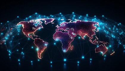 Digital world map with glowing connections, symbolizing global communication and technology networks.
