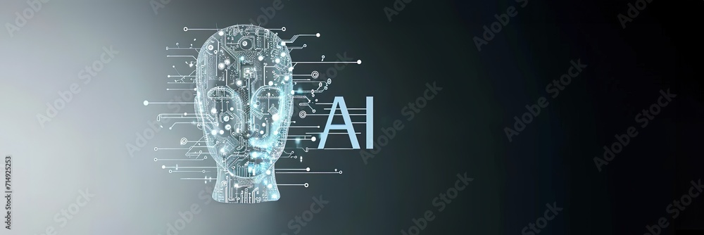 Poster transparent digital brain overlaid on ai text, technology and intellect on a muted backdrop