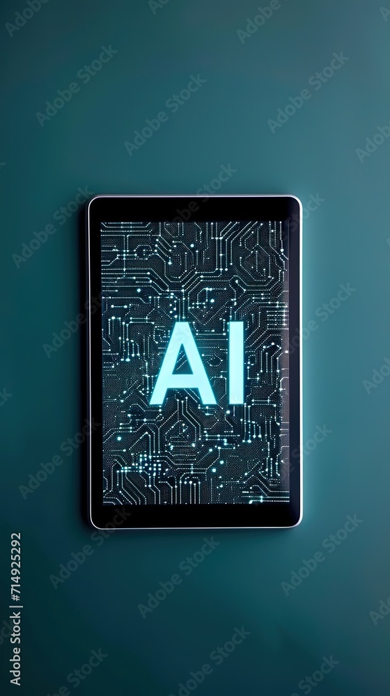 Poster ai conceptual graphics on tablet screen against a teal backdrop.