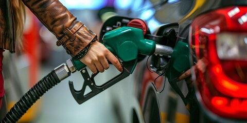 High-resolution image of a woman's hand filling up a vehicle at a gas station. - obrazy, fototapety, plakaty