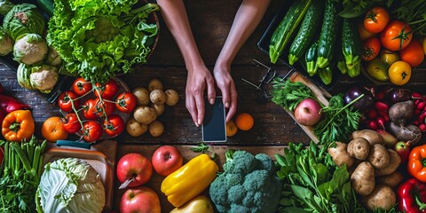 A scenic view of skilled nutrition expert promoting a diverse array of wholesome produce while using a tablet, representing the idea of proper nourishment and well-being. - obrazy, fototapety, plakaty