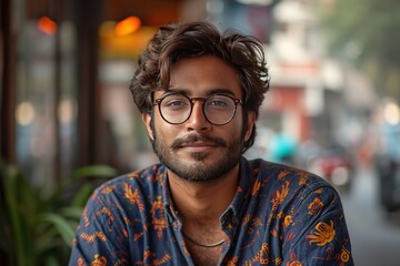 Portrait of a young indian man with glasses smiling, wearing a patterned shirt, with a blurred city street background.