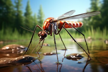 The detailed image of a mosquito showcases the insect that is notorious for spreading deadly illnesses - obrazy, fototapety, plakaty
