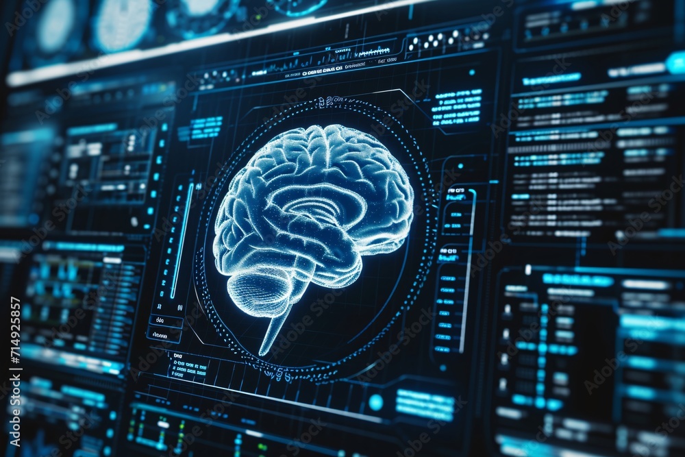 Poster a 3d brain model on a computer screen generative ai