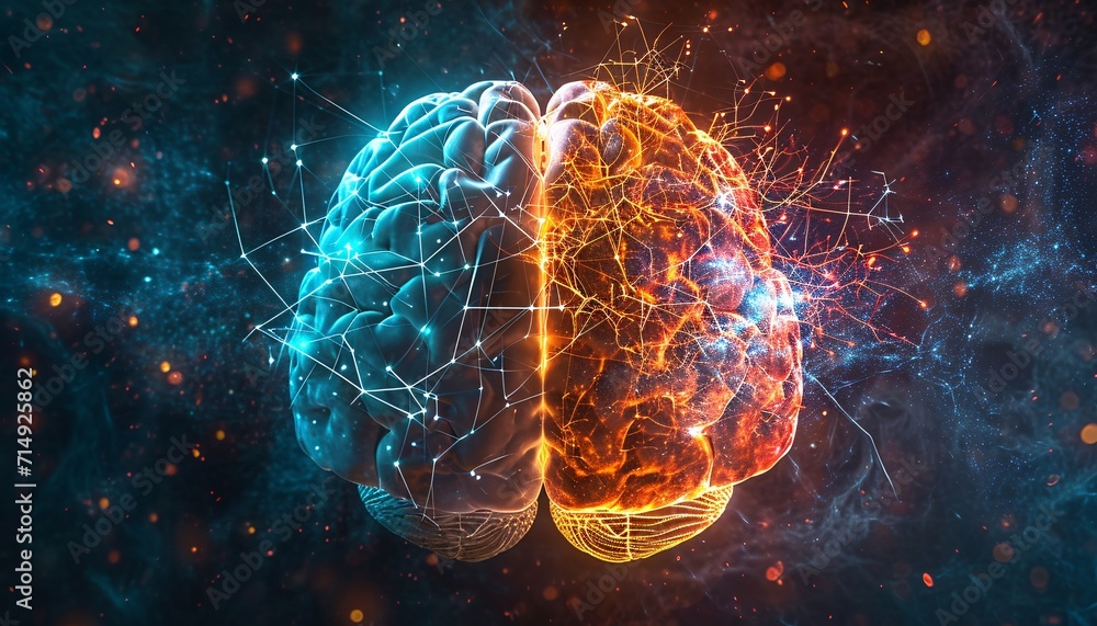 Poster a 3d illustration of a brain with a blue and red color scheme generative ai