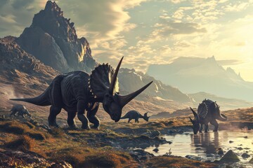 A majestic Triceratops family by a water stream in a mountainous landscape during golden hour.