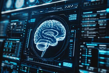 A 3D Brain Model on a Computer Screen Generative AI - obrazy, fototapety, plakaty