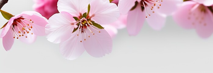 Cherry blossoms flowers in blooming on branch on pink background. Spring and romantic Sakura, apple tree. White isolated background banner