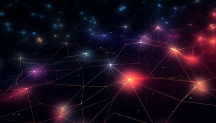 Abstract network connections with nodes and bright lights on a dark space-like background. Digital technology concept.