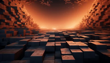 Fotobehang Abstract 3D landscape with checkered pattern and orange sunset sky. © BackVision Studio