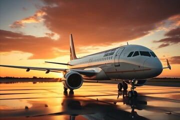 Airplane in the airport at sunset.Business travel concept