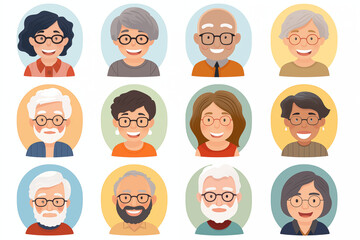 Elderly and Retired Buyer Personas People faces avatars vector collection - Set of various diverse character heads in round frames. Flat design illustrations with white background