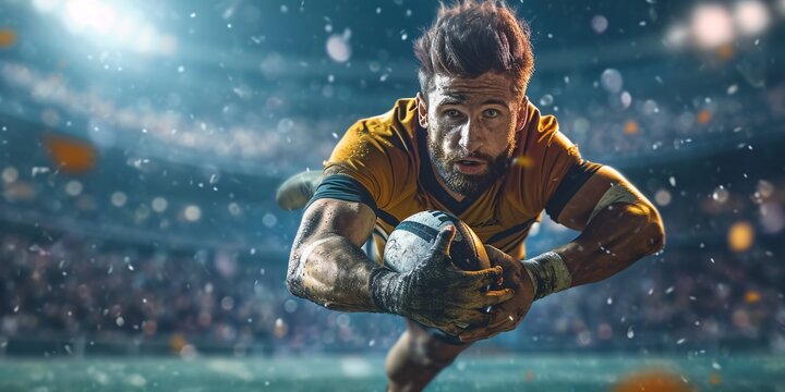 Elite athletics. Male rugby athletes in action, grabbing ball at 3D outdoor arena. Faint crowd in backdrop. Passion. Idea of competitive sports, movement, and tournament.