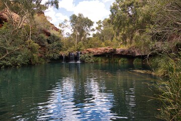 Fototapeta na wymiar Beautiful 'fern pool' in Dales Gorge in Karijini National Park in Western Australia. Western Australia trekking adventures. Natural pool for swimming with small waterfalls and surrounded by trees. 