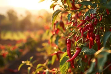 Keuken spatwand met foto Fiery red chili peppers basking in the warm sunset light on a spice farm © olga_demina