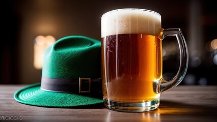 Fresh beer and green hat with green clover leaf for st. patrick's day, irish holiday celebration concept