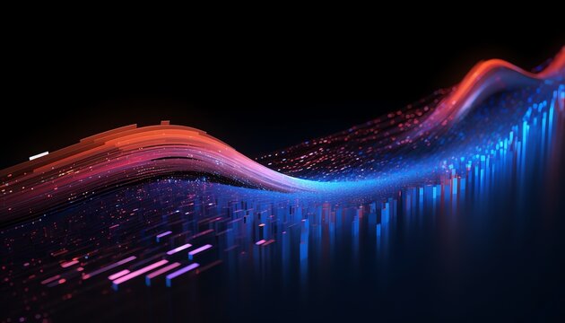 Abstract digital wave with flowing particles and neon lights on a dark background, representing futuristic technology.